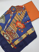 Hermès Silk Scarf 90 “Tibet” Cathy Latham Blue Red Gold Tibetan Jewelry Motif