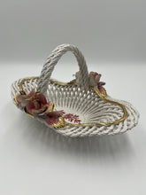 Vintage Capodimonte Italy Porcelain Woven Basket With Pink Roses & Gold Details