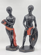 Vintage Nude African Woman & Warrior W Shield MARWAL chalkware Sculpture 19.5"