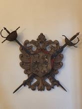 Antique Large Spanish Walnut Wood Carved Family Coat of Arms W 2 Tolido Swords.