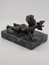 Vintage Small Bronze Child w/ Bird Figurine on Green Marble Pedestal Base Signed