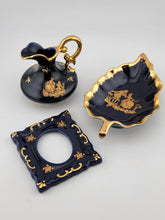 Set Of 3 Limoges Castel France Cobalt Blue 22 Karat Gold Pieces Courting Couple.
