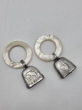 Pair Antique Sterling Silver Mother Of Pearl Baby Teething Rattles Mr Bear Goose