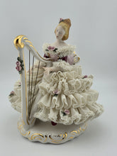 Antique C1930's Dresden Lace Porcelain Harp Lady Figurine Crown D Germany.