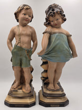 Paor huge 1920 French Art Deco Chalkware polychrome boy & girl figurine statues