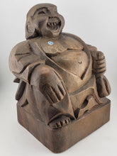 Vintage Large Hand Carved Solid Wooden LAUGHING BUDDHA Holding Bag Of Money 10”