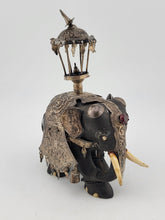 Rare Antique Indian Ebony Silver Overlay Jeweled Elephant W Real Ruby Stone.