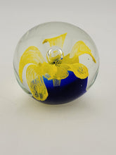 Vintage Art Glass Paperweight Yellow Flower Inside Cobalt Glass (2 1/2'')