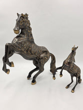 Large Vintage Hand Hammered Brass Damascene Horse Pair Rearing Enamel Decor.