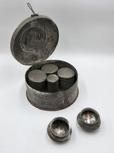 1800s Antique Toleware Apothecary/ Medicine Mixing Box, W Canisters in Round Tin