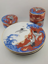 Set 4 Plates & 2 Lidded Jars Takahashi Japan Kutani Style Crane &Wave Porcelain