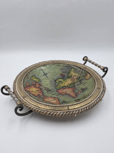 Vintage Chalkware World Map Wall Plate French Cartography Decor w Iron Handles
