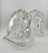 2 Vintage Clear Federal Glass Horse Head Bookends Set Art Deco Style Stallions