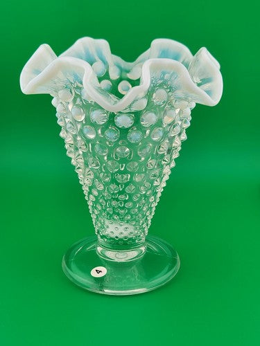 Vintage Fenton Hobnail Pearlized Wavy Edge Glass Footed Vase 5.75"