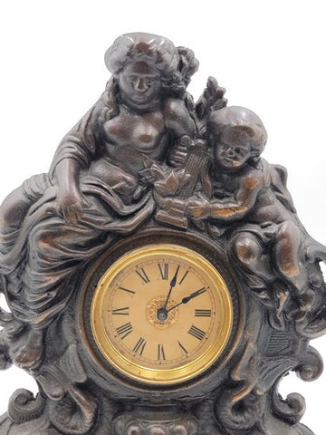 Working Large 18" Antique Cast Iron & Copper Mantle Clock Cherubs & Harps c.1906