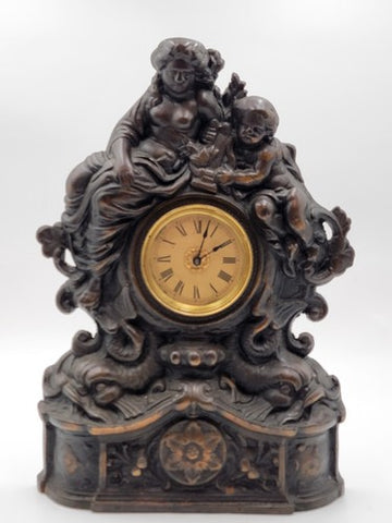 Working Large 18" Antique Cast Iron & Copper Mantle Clock Cherubs & Harps c.1906