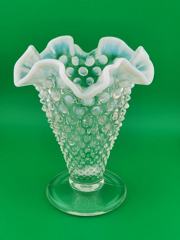 Vintage Fenton Hobnail Pearlized Wavy Edge Glass Footed Vase 5.75"