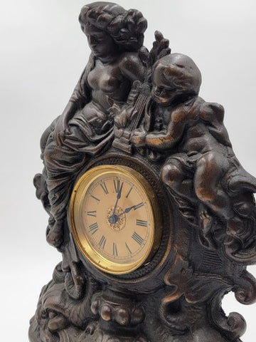 Working Large 18" Antique Cast Iron & Copper Mantle Clock Cherubs & Harps c.1906