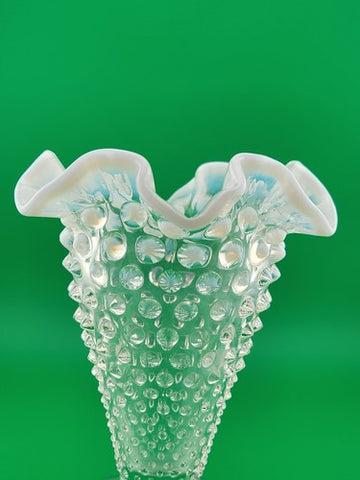Vintage Fenton Hobnail Pearlized Wavy Edge Glass Footed Vase 5.75"