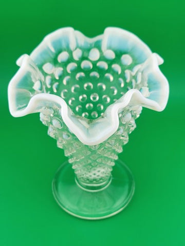 Vintage Fenton Hobnail Pearlized Wavy Edge Glass Footed Vase 5.75"