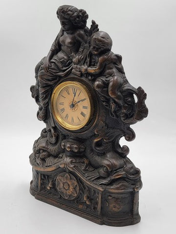 Working Large 18" Antique Cast Iron & Copper Mantle Clock Cherubs & Harps c.1906