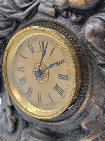 Working Large 18" Antique Cast Iron & Copper Mantle Clock Cherubs & Harps c.1906