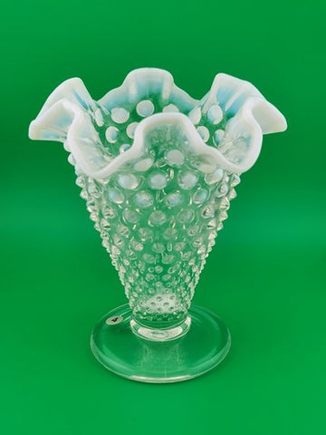Vintage Fenton Hobnail Pearlized Wavy Edge Glass Footed Vase 5.75"