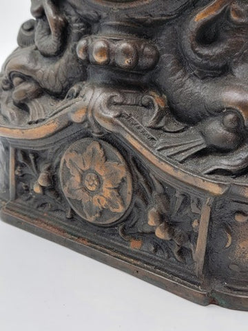 Working Large 18" Antique Cast Iron & Copper Mantle Clock Cherubs & Harps c.1906