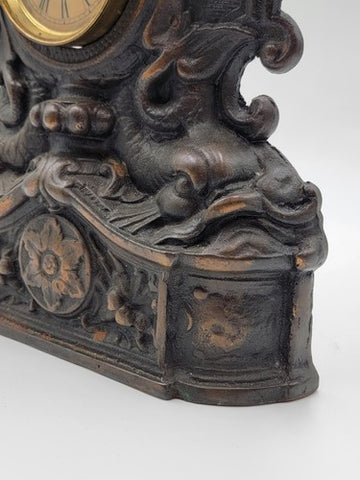 Working Large 18" Antique Cast Iron & Copper Mantle Clock Cherubs & Harps c.1906