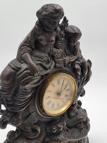 Working Large 18" Antique Cast Iron & Copper Mantle Clock Cherubs & Harps c.1906