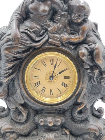 Working Large 18" Antique Cast Iron & Copper Mantle Clock Cherubs & Harps c.1906