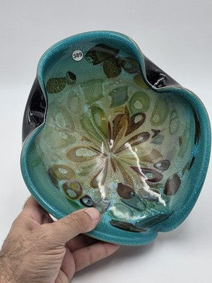 Unique Vintage Studio Art Glass Freeform Bowl Turquoise Black Millefiori Style