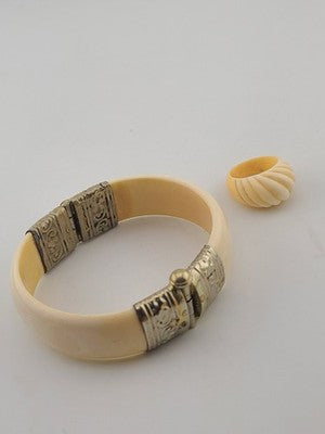Rare Antique Set Of Bone Bracelet & Ring Intricate Hand Tooled Sterling Silver
