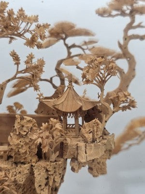 Large Scale Antique Chinese Carved Cork Diorama in Ebonised Glass Display Case