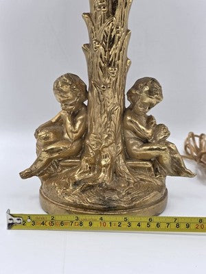Antique Large Solid Brass Cherub Putti Table Lamp Hollywood Regency Gold. Works