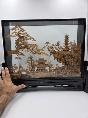 Large Scale Antique Chinese Carved Cork Diorama in Ebonised Glass Display Case