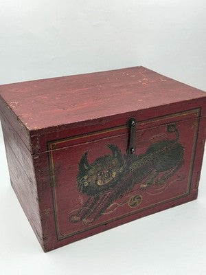 Rare XL Antique 19th C Distressed Tibetan Style Foo Dog Lion Storage Chest Box.