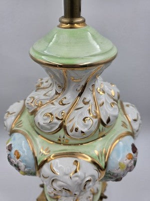 Vintage Italian Capodimonte Hand-Painted Porcelain Table Lamp W Metal Base.