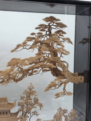 Large Scale Antique Chinese Carved Cork Diorama in Ebonised Glass Display Case