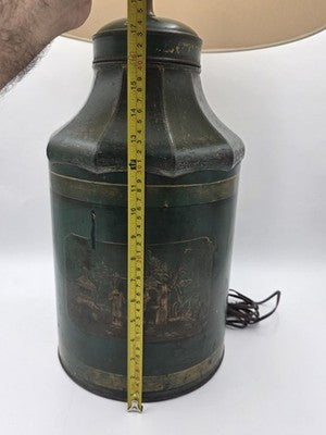 ULTRA RARE 19TH C. HAND PAINTED ENGLISH CHINOISERIE GREEN TOLE TEA CANISTER LAMP