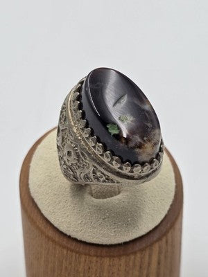 Antique Handcrafted Men Sterling Silver 925 Natural Dark Aqeeq Agate Ring Sz 9.