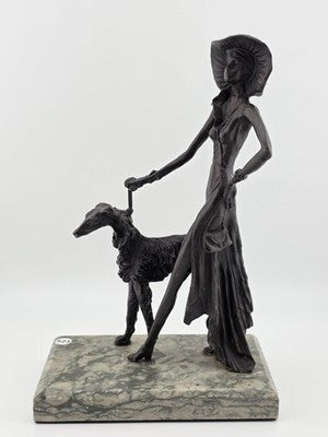 Rare 1930's Art Deco French Bronze Sculpture of Lady Walking Her Greyhound Dog.