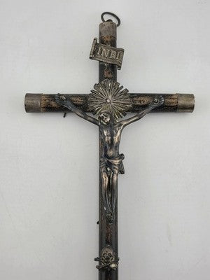 Antique 19th C Crucifix Metal Jesus On Wood Cross W Rare Tips Memento Mori Skull