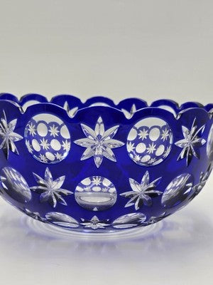 Rare Vintage Bohemian Hand Cut Crystal Glass Blue to Clear bowl SIGNED 8.75”