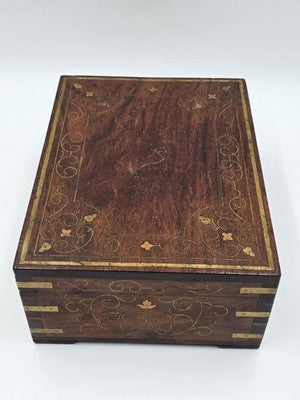 RARE ANTIQUE 19th C COLONIAL ROSEWOOD & FULL BRASS INLAY JEWELRY BOX.