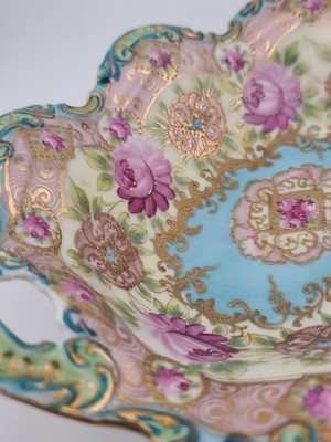 1910's Victorian German Porcelain Handled Bowl Raised Gold &Roses RS Style 11.5"
