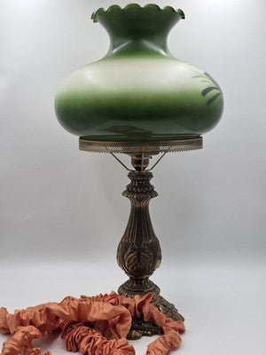 Antique Victorian Style Hurricane Lamp Electric Floral Shade Ornate Brass Base