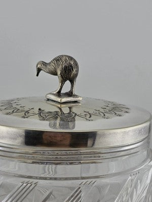 Rare 1880s Antique Hukin & Heath Biscuit Jar Cut glass & Silverplate W Kiwi Bird