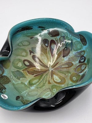 Unique Vintage Studio Art Glass Freeform Bowl Turquoise Black Millefiori Style