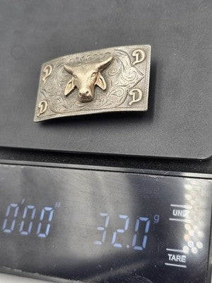 Nelson Co Sterling Silver 10K Solid Gold Bull Head Western Belt Buckle Engraved.